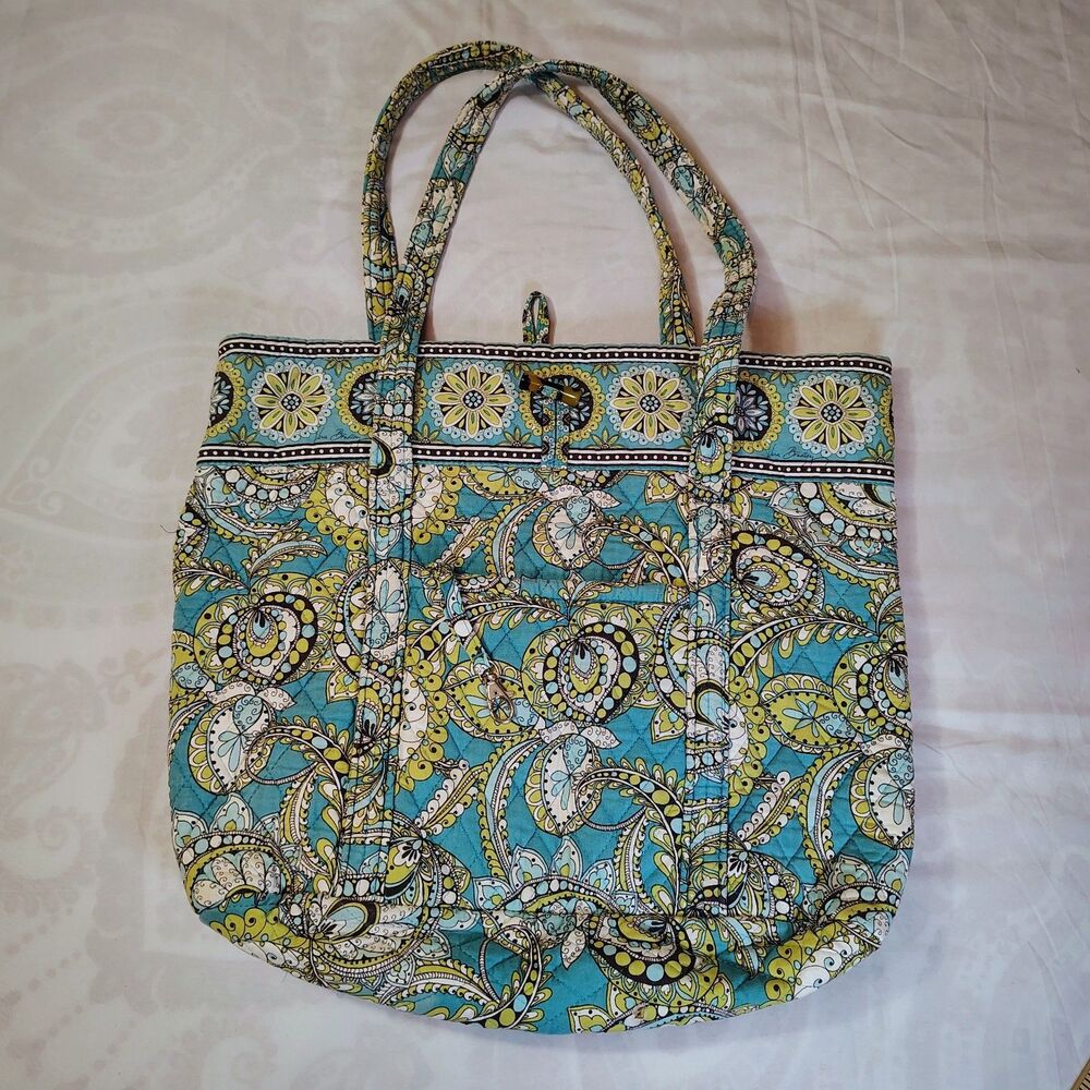 Vera Bradley Large Tote Retired Peacock Pattern Blue Green Open-Top Toggle